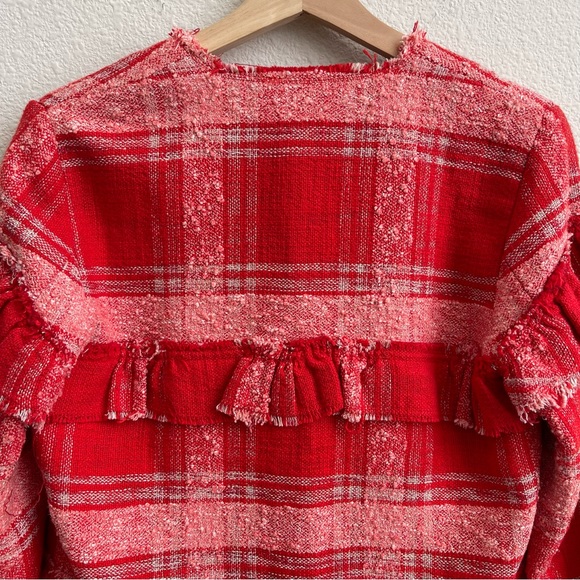 ZARA Red Pink Blogger Favorite Plaid Tweed Fringe Ruffle Cropped Blazer Jacket - Picture 11 of 13